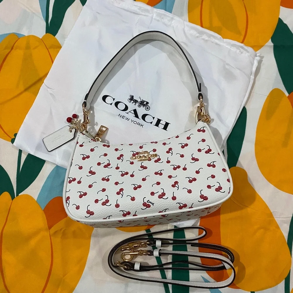 Coach White Cherry Print Shoulder Bag with Gold Hardware